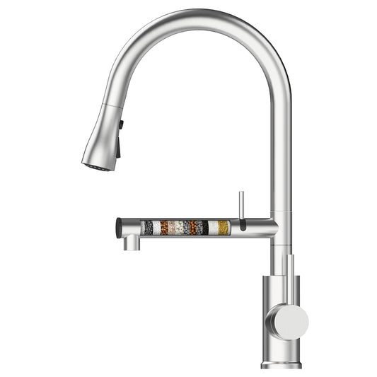 Filtered Kitchen Faucet，Direct Drinking with Fitness Tap Water Filter with Pull Down Sprayer Brushed Nickel Stainless