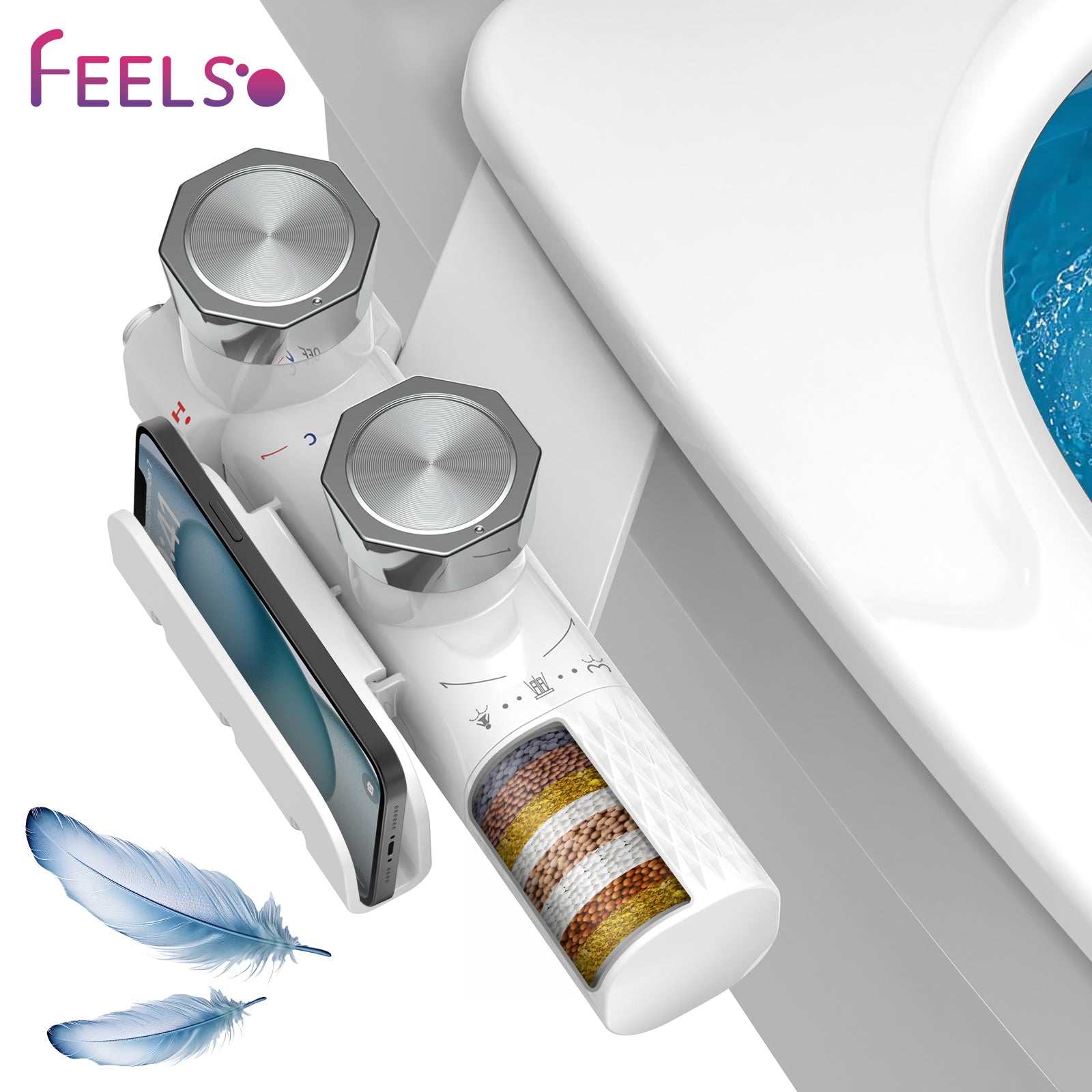 FEELSO Ultra-Slim Non-Electric Bidet Attachment: Hard Water Filtration, Dual Nozzle Frontal & Rear Wash, Self-Cleaning