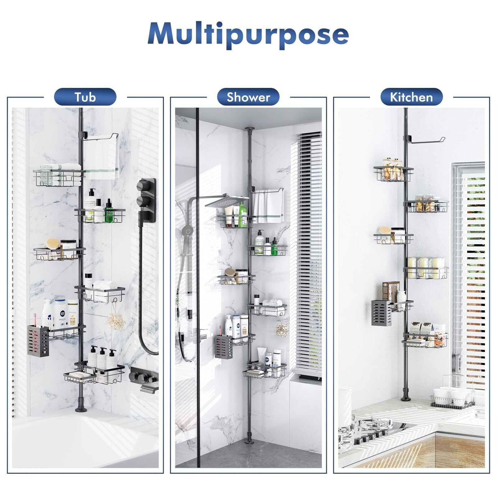 FEELSO Floor-to-Ceiling Shower Caddy, Adjustable Tension Pole Bathroom Organizer, No-Drill Shower Storage Shelf