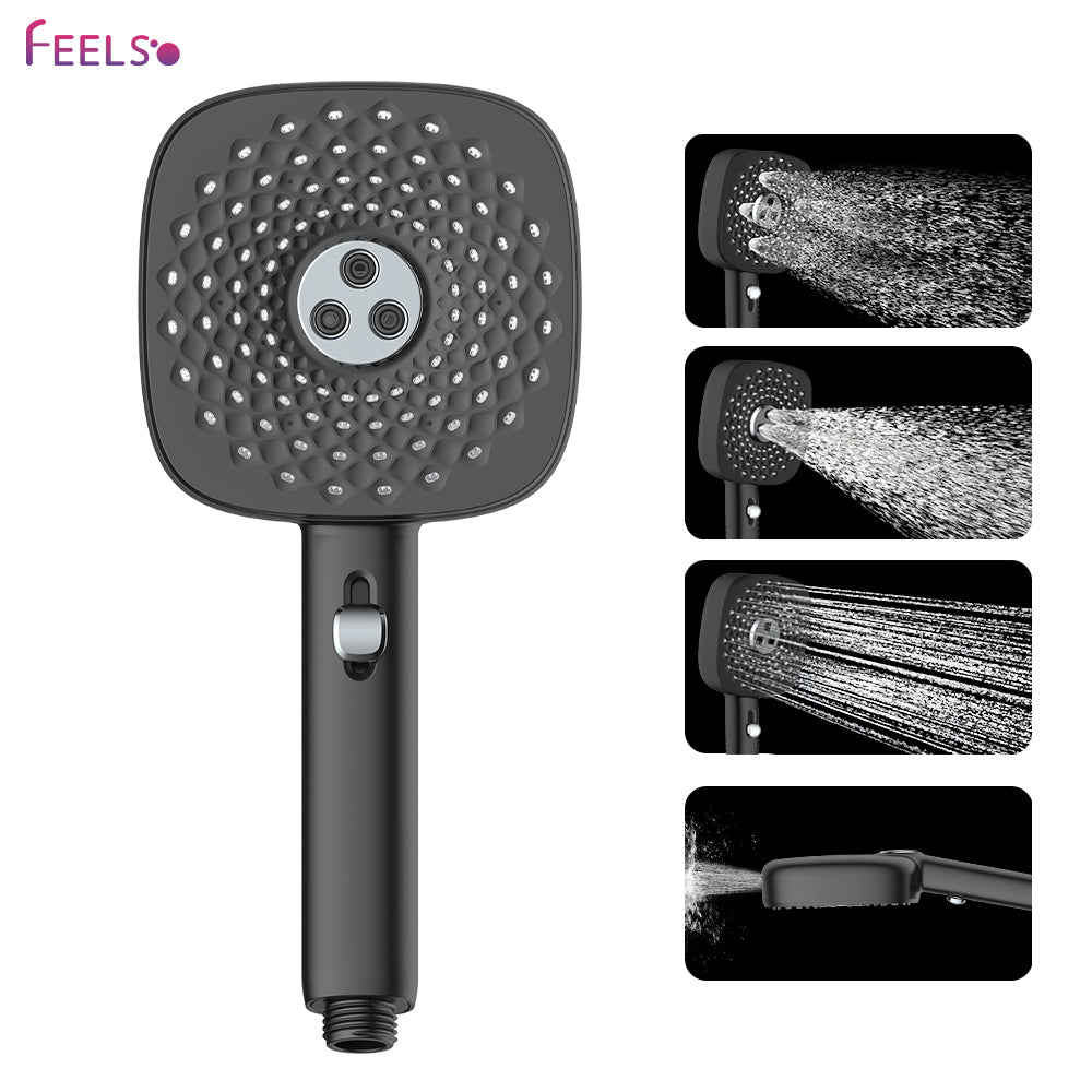 FEELSO High Pressure Handheld Shower Head with Hose & Bracket - 4 Settings/5 Spray Modes (Rain, Massage, Spa, Jet, Pulse)