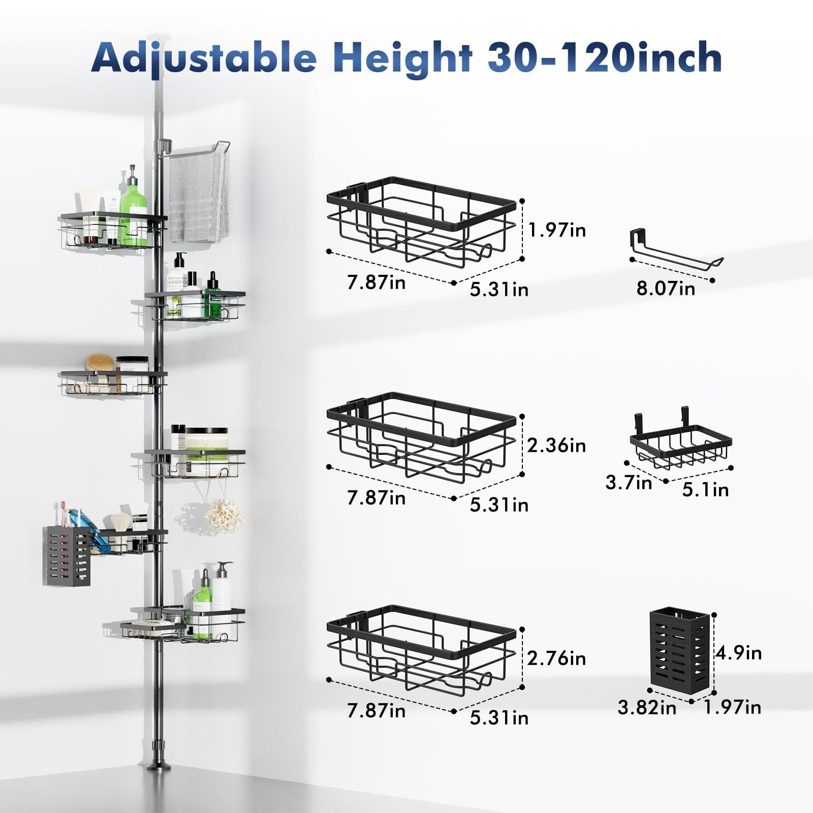 FEELSO Floor-to-Ceiling Shower Caddy, Adjustable Tension Pole Bathroom Organizer, No-Drill Shower Storage Shelf