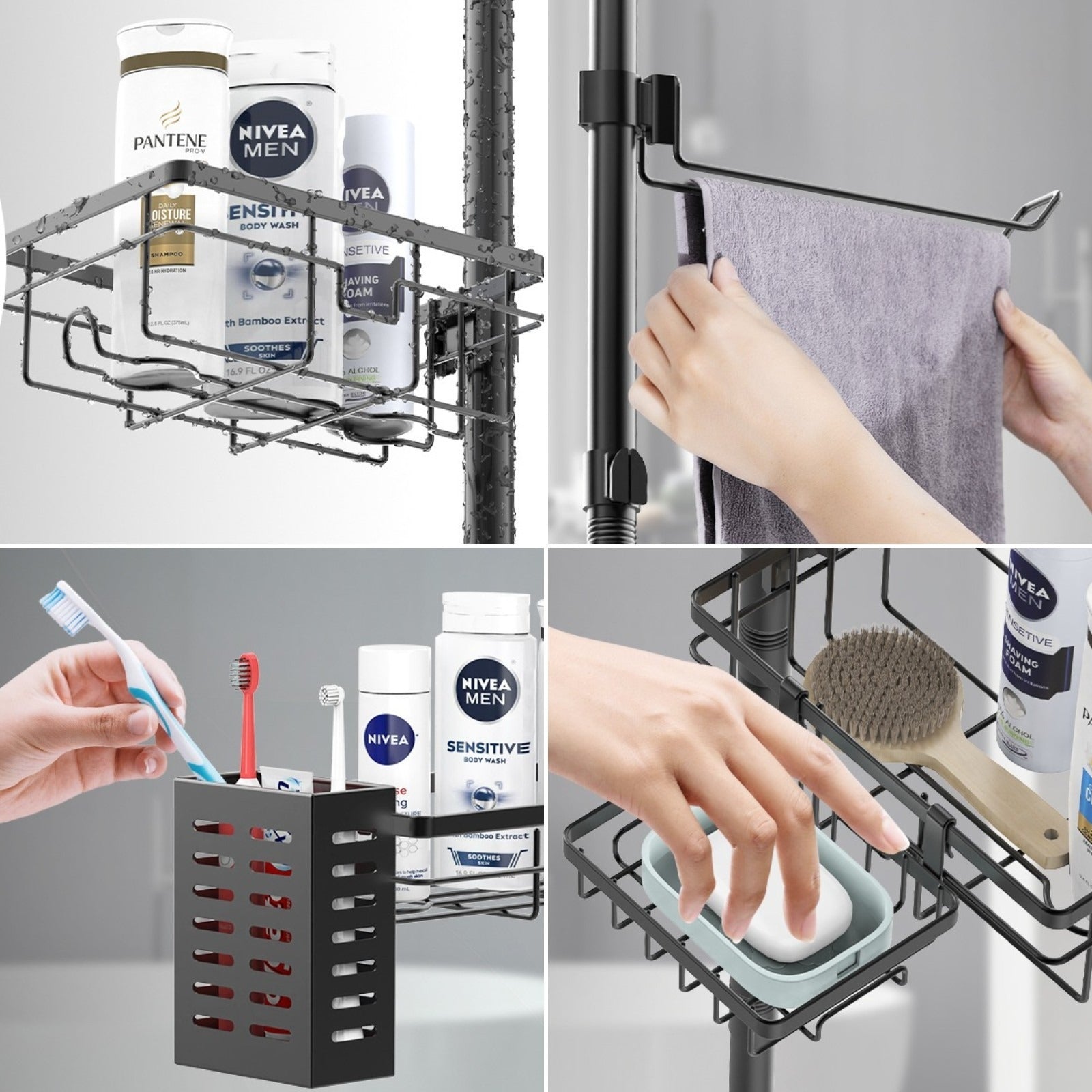 FEELSO Floor-to-Ceiling Shower Caddy, Adjustable Tension Pole Bathroom Organizer, No-Drill Shower Storage Shelf