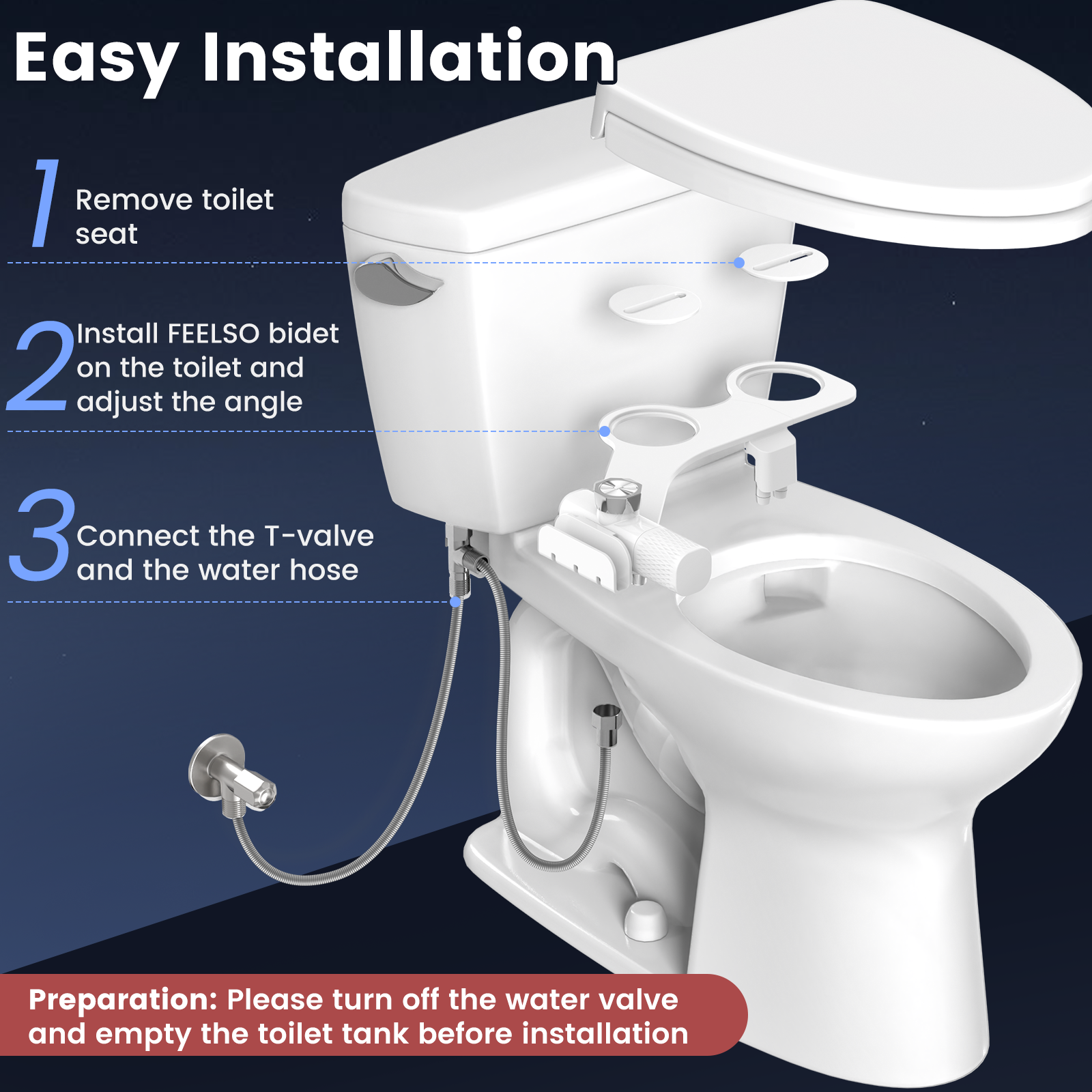 FEELSO Ultra-Slim Non-Electric Bidet Attachment: Hard Water Filtration, Dual Nozzle Frontal & Rear Wash, Self-Cleaning