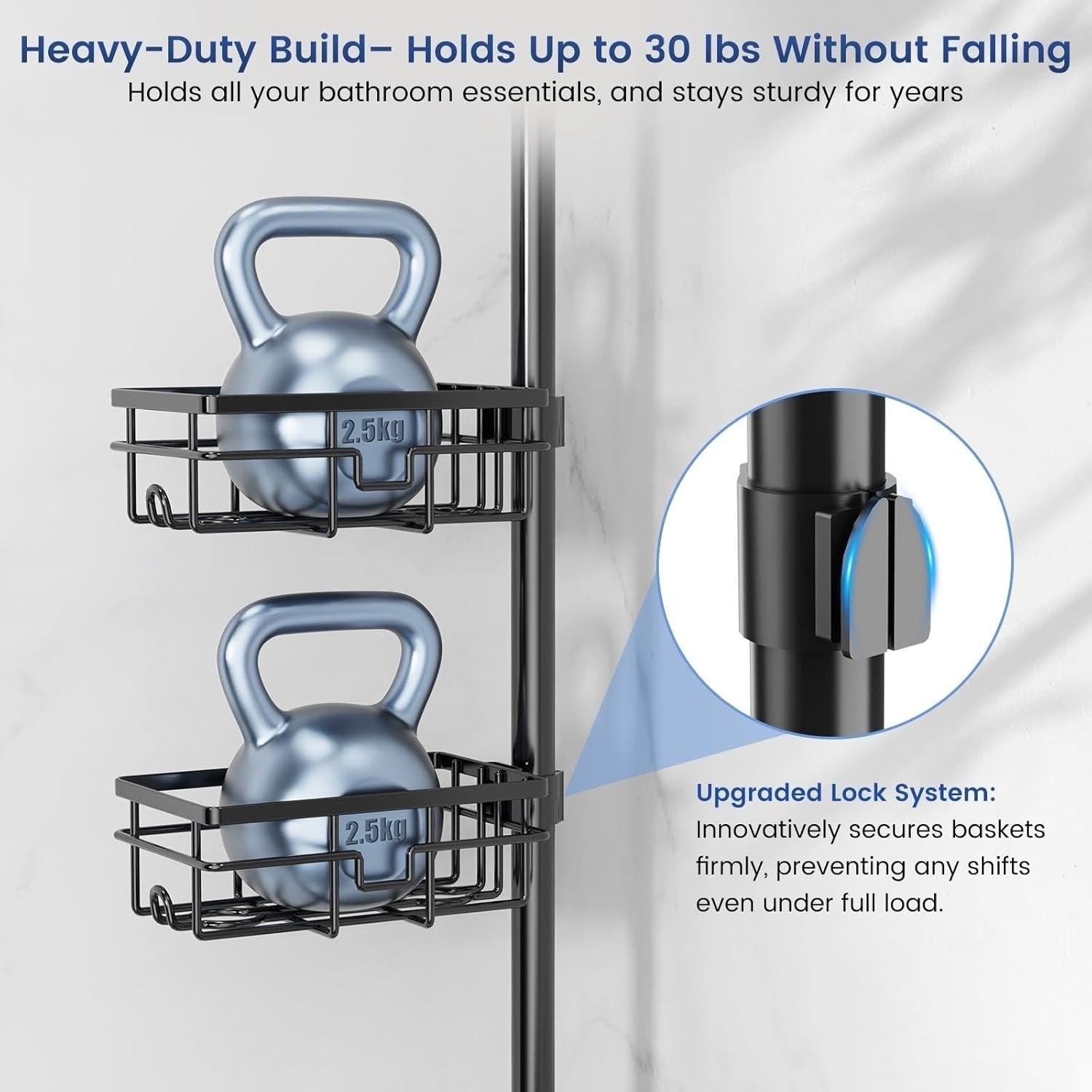 FEELSO Floor-to-Ceiling Shower Caddy, Adjustable Tension Pole Bathroom Organizer, No-Drill Shower Storage Shelf