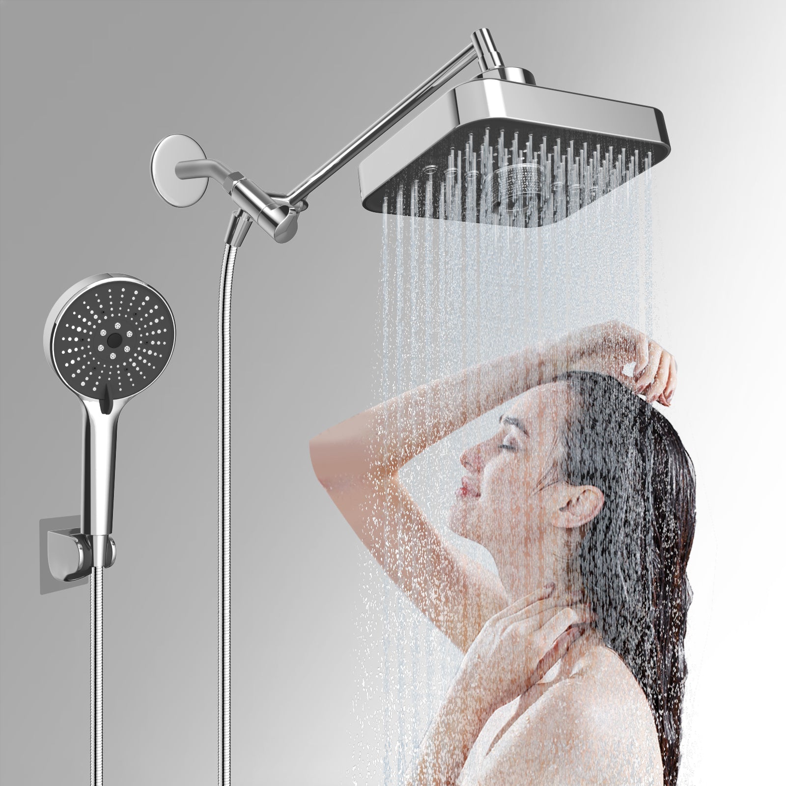 FEELSO High Pressure Rainfall & Handheld Shower Head Combo, 3-Spray Fixed Showerhead and 6 Sprays Hand Held with 6ft Stainless Steel Hose and Adjustable Extension Arm