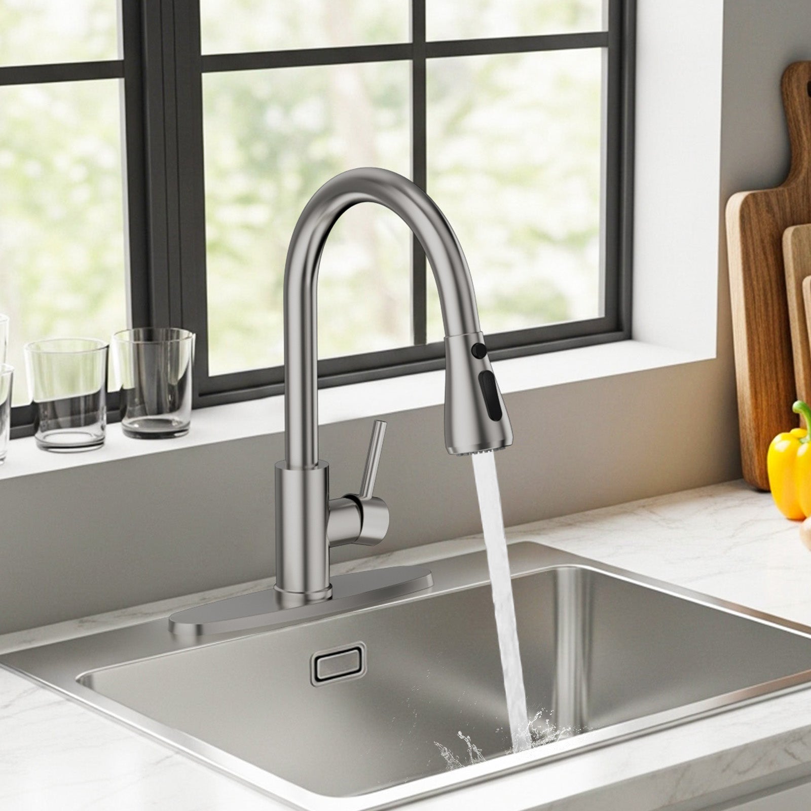 FEELSO Kitchen Faucets with Pull Down Sprayer, High Arc Stainless Steel Single Handle Kitchen Sink Faucet, 1 or 3 Hole Brushed Nickel Water Faucets for Farmhouse Laundry Camper Rv Bar Visit the FEELSO Store