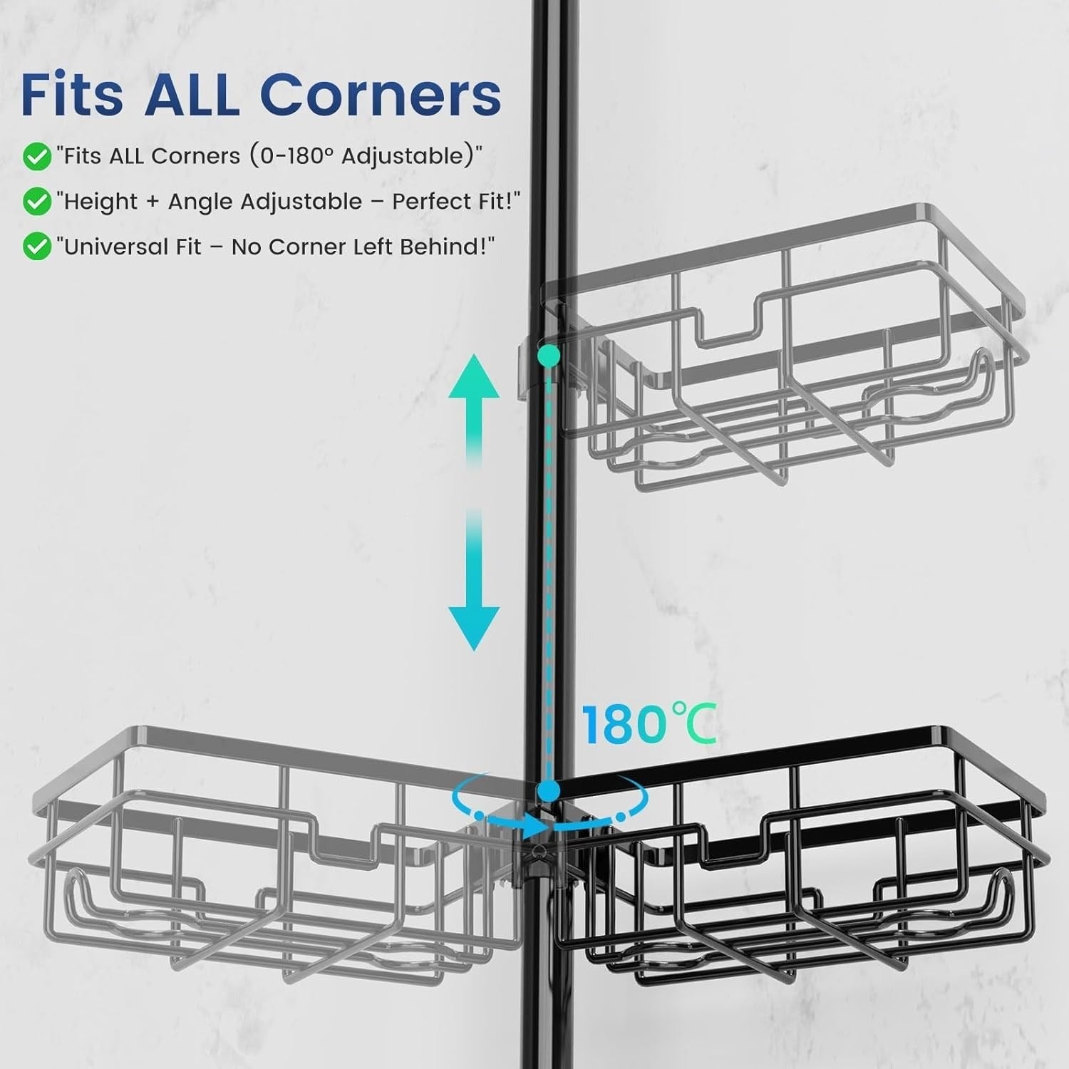 FEELSO Floor-to-Ceiling Shower Caddy, Adjustable Tension Pole Bathroom Organizer, No-Drill Shower Storage Shelf