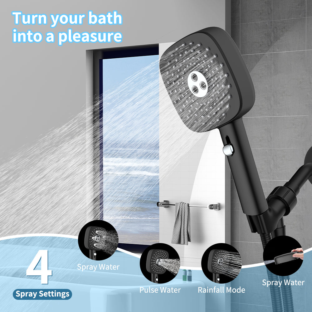 FEELSO High Pressure Handheld Shower Head with Hose & Bracket - 4 Settings/5 Spray Modes (Rain, Massage, Spa, Jet, Pulse)