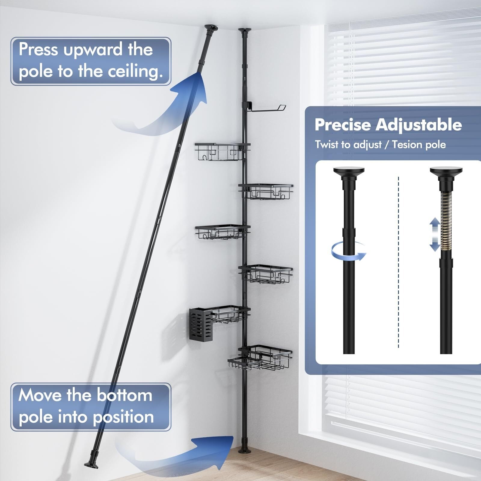 FEELSO Floor-to-Ceiling Shower Caddy, Adjustable Tension Pole Bathroom Organizer, No-Drill Shower Storage Shelf