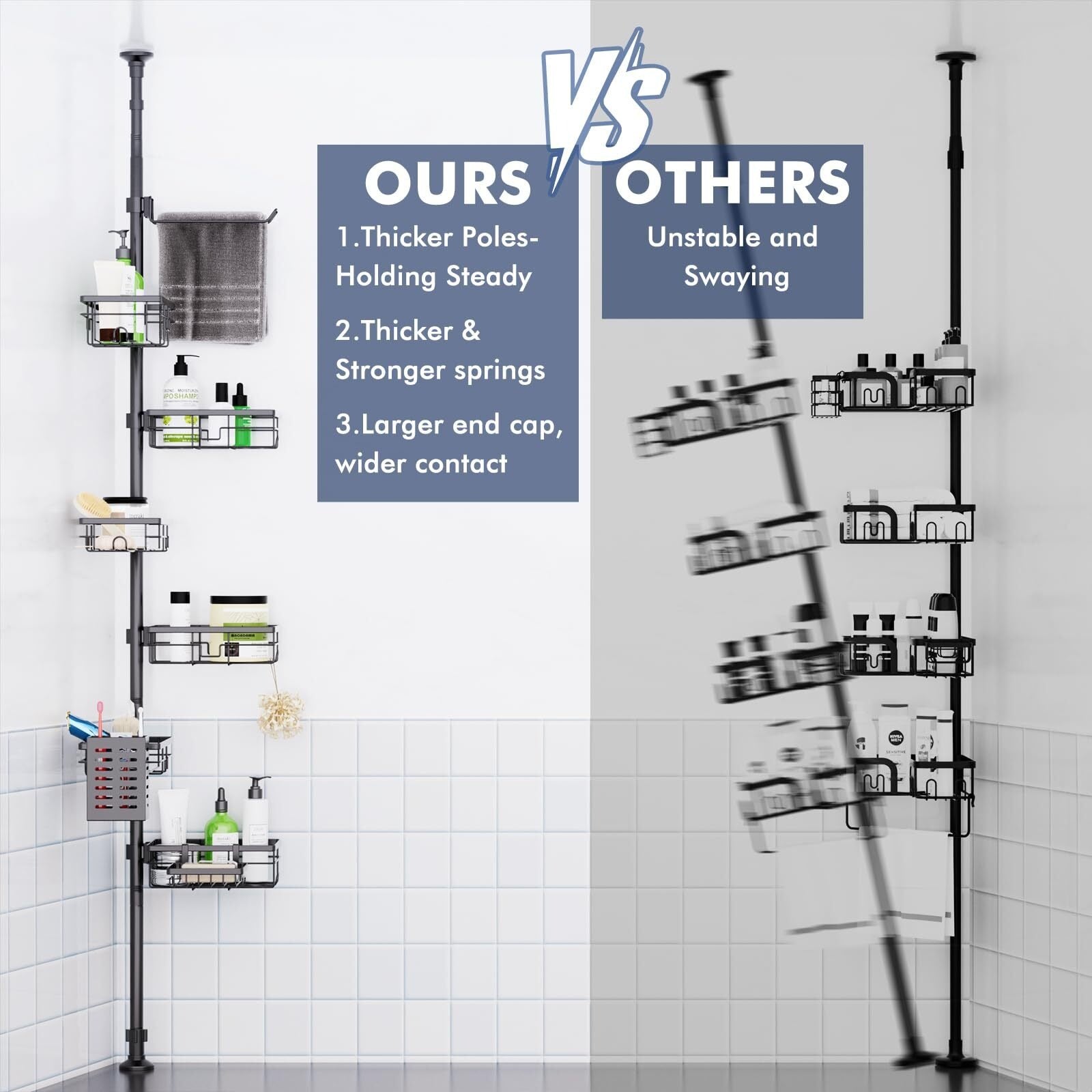 FEELSO Floor-to-Ceiling Shower Caddy, Adjustable Tension Pole Bathroom Organizer, No-Drill Shower Storage Shelf